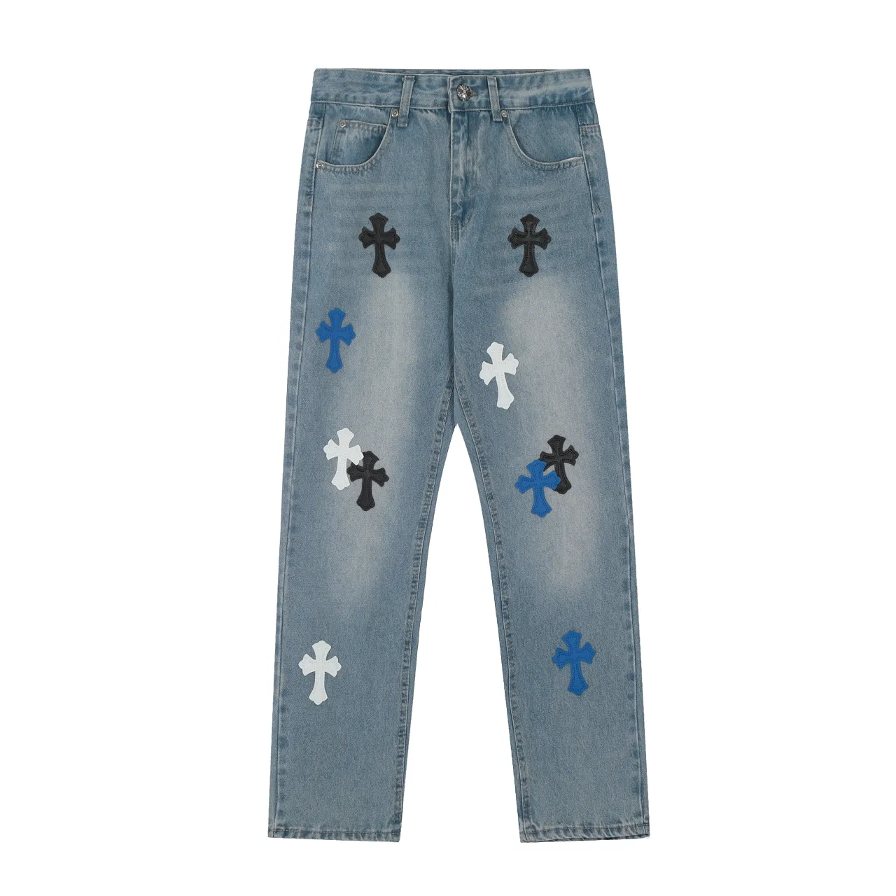 KE972#P240 The only correct leather label version on the market Chrome Hearts CH Cross embroidery distressed jeans Top ceiling quality 100% correct version The correct version is here!  Believe me this must be the best quality you will ever come across! ! Excellent value for money! !  Styles with different washes and textures are very friendly to people with thin legs and thick legs. The straight version is very flattering to the shape of the legs. The moderate length is timeless and easy to match. It is the basis of various styles and a must-have in the wardrobe! ! Add a little stacking to easily control this year's popular clean fit fabric. The fabric is stiff but the upper body is soft without losing texture. The sides and cuffs of some styles have a bone-wash effect. It's really hard not to love it! The outfit effect is immediate! ✅Correctly customize the Croxin metal leather label on the back panel. It is not sold directly with the cross on the finished jeans. 1:1 copying strives for excellence and the details are perfectly grasped. ✅The cross leather label is clear and smooth. Exquisite turning top craftsmanship. ✅Buttons, zippers and hardware are all customized versions of the Croxin LOGO. ✅High-cost washing process. Size: 28 30 32 34 36 (5 sizes)